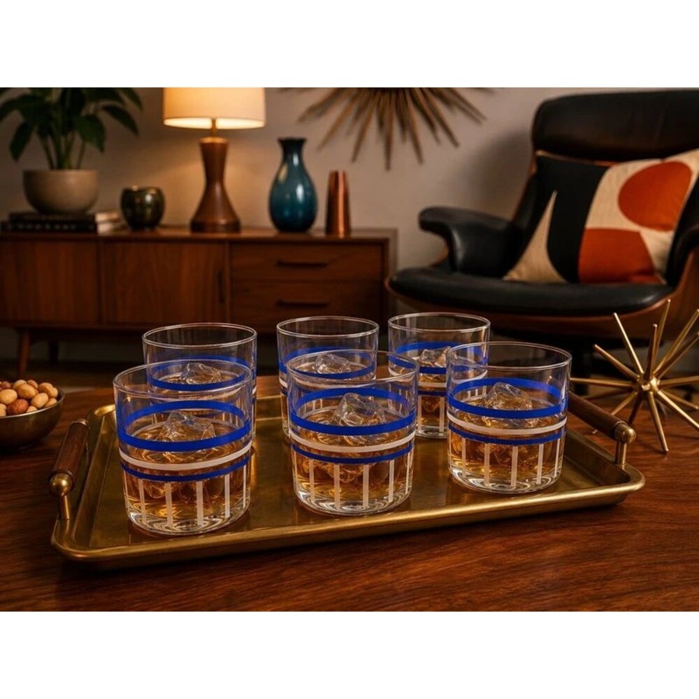 Retro Blue & White Geometric Rocks Glass Lowball Tumbler set of 6